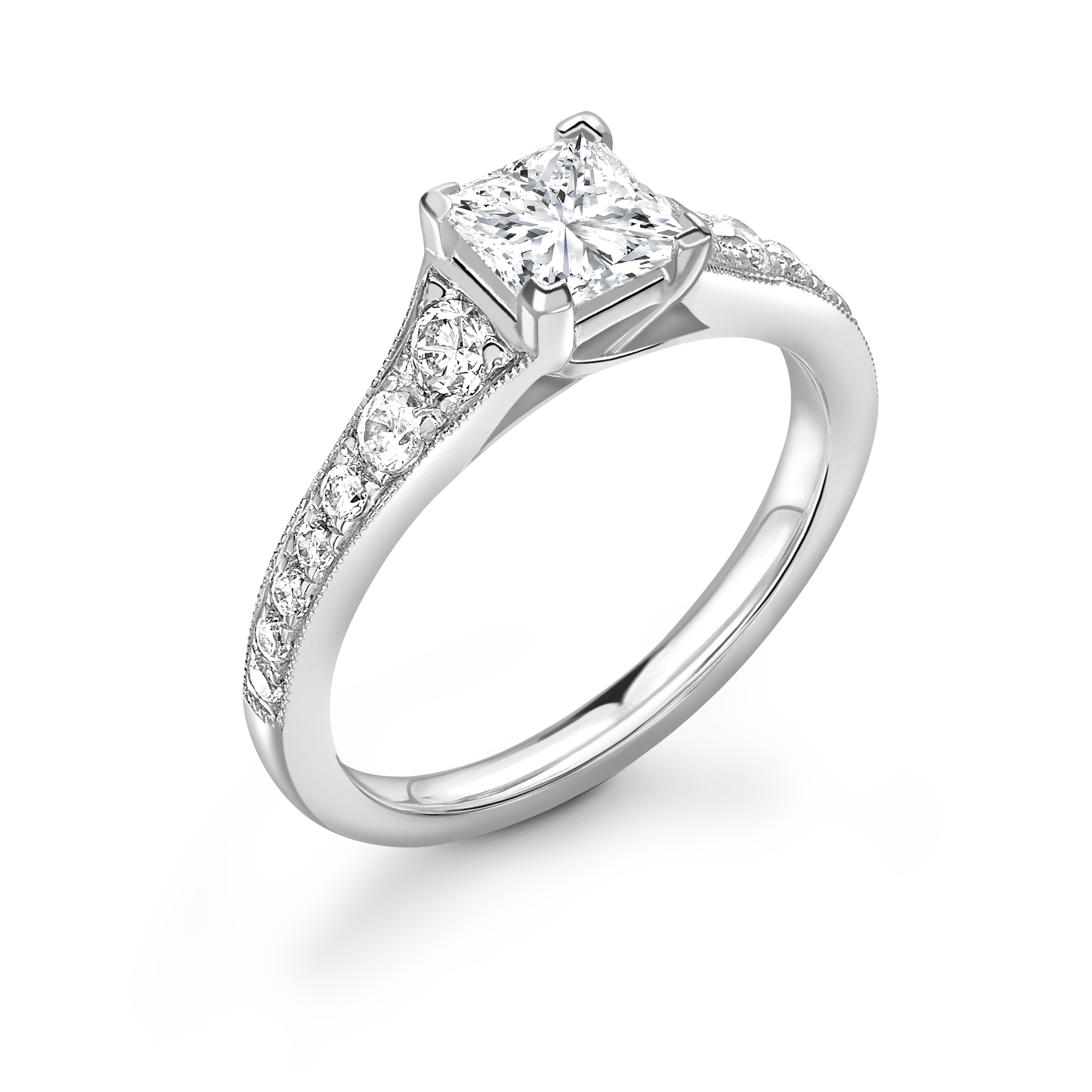 Tapering Up Shoulder Princess Lab Grown Diamond Engagement Ring in Gold and Platinum