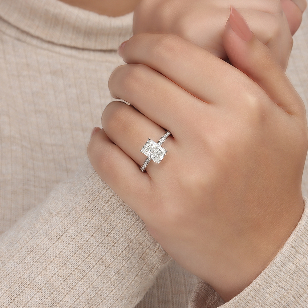 4 Prong Radiant Delicate Shoulder Side Stone Engagement Ring