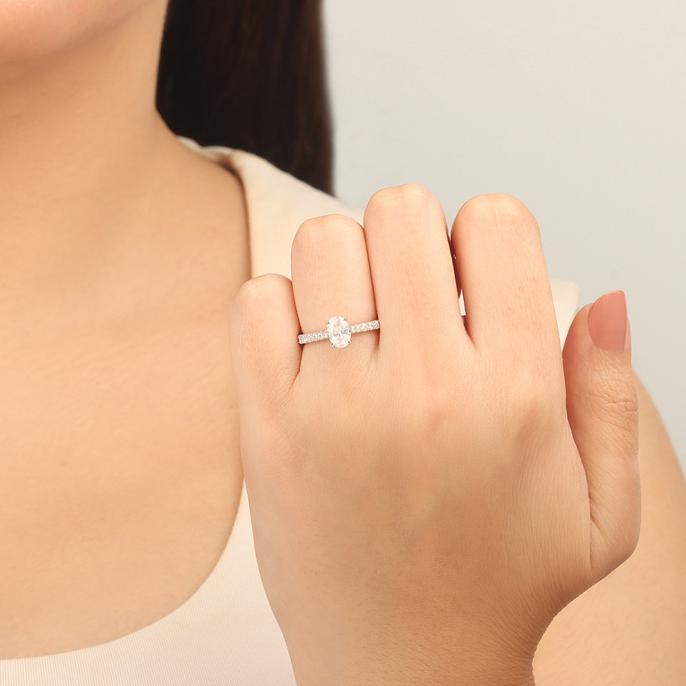 4 Prong Oval Classic pave set Side Stone Engagement Rings