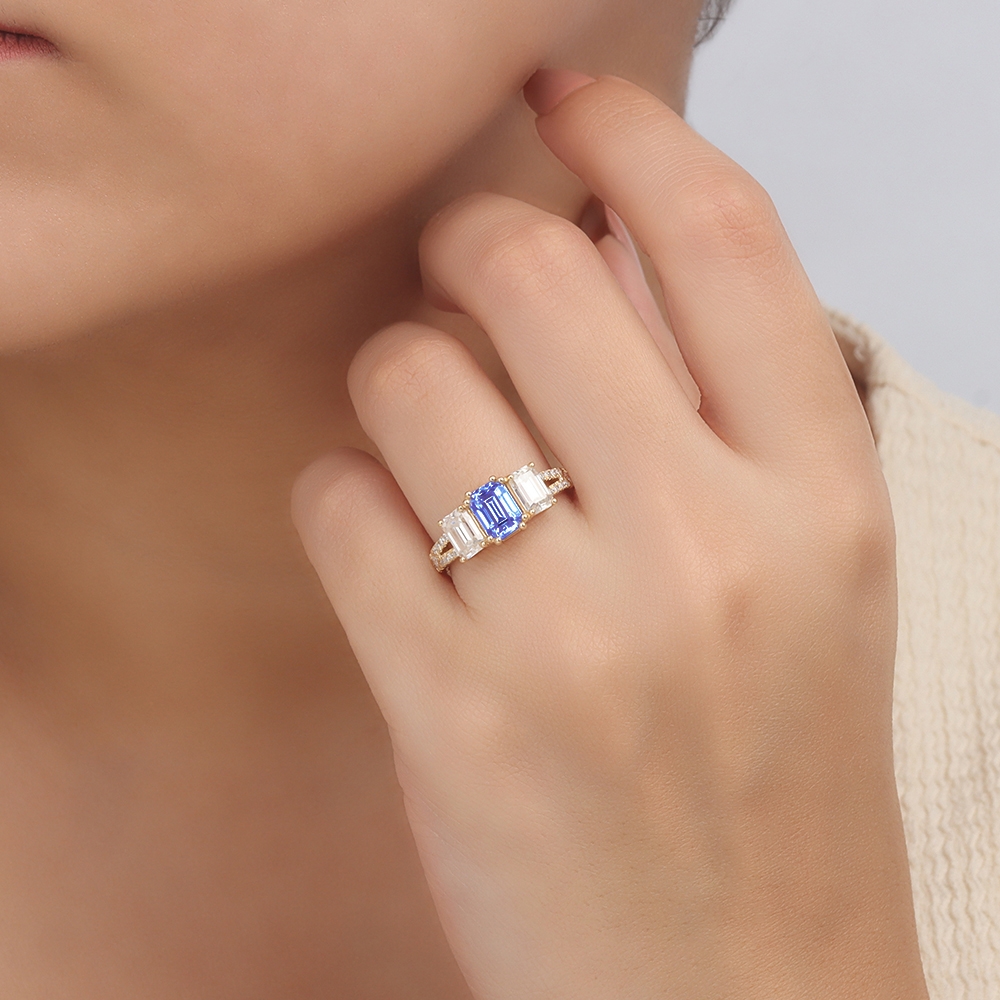 Emerald Split shoulder Tanzanite Engagement Rings