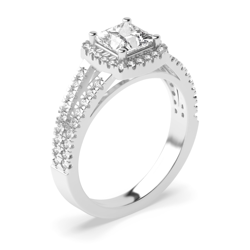4 Prong Setting Princess Shape 2 Row Shoulder Halo Diamond Engagement Rings