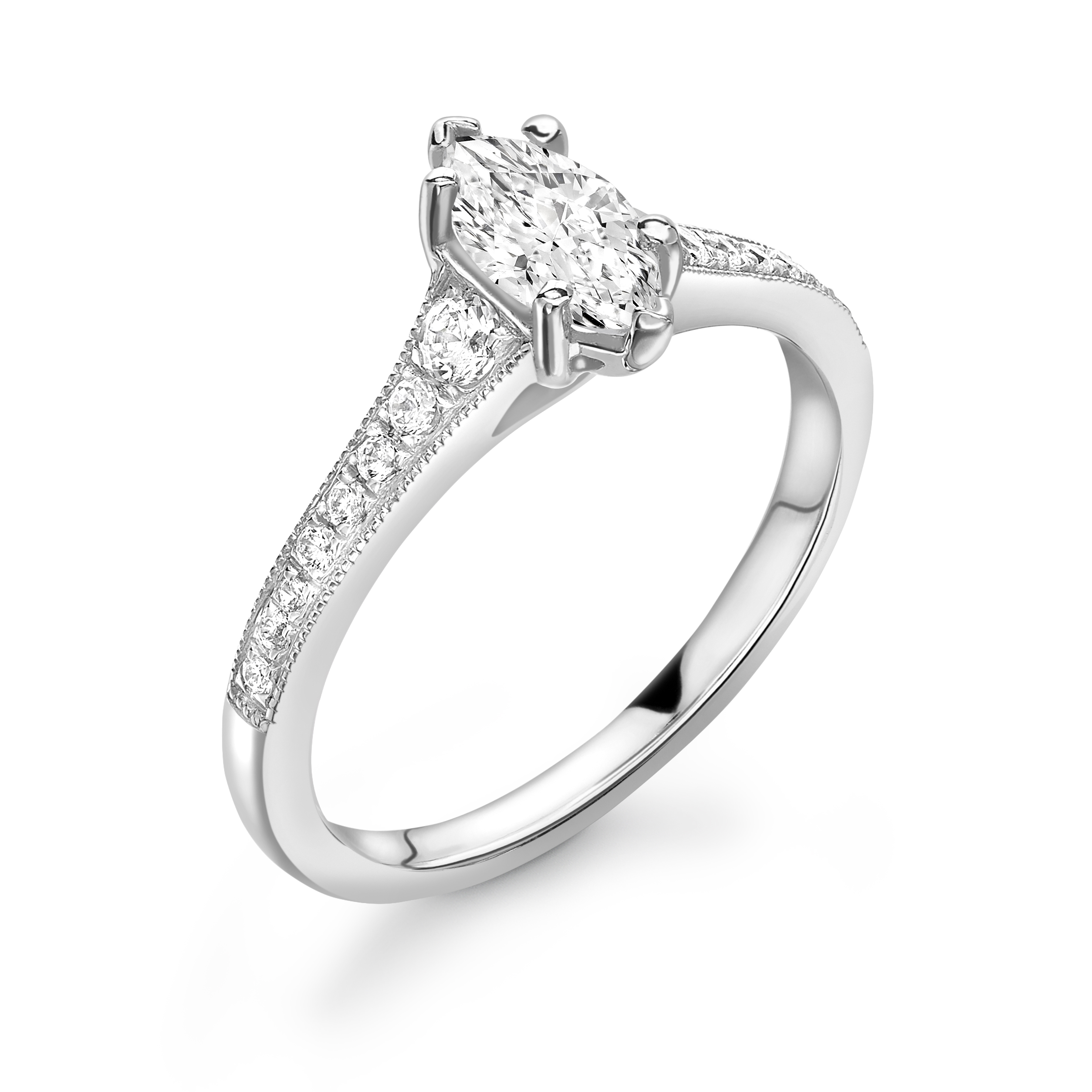 Tapering Up Shoulder Marquise Shape Engagement Ring in Gold and Platinum
