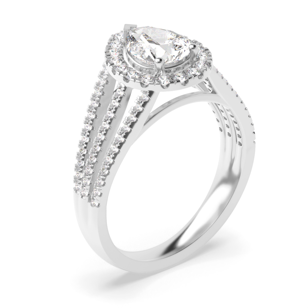4 Prong Setting Pear Shape 3 Row Shoulder Halo Diamond Engagement Rings
