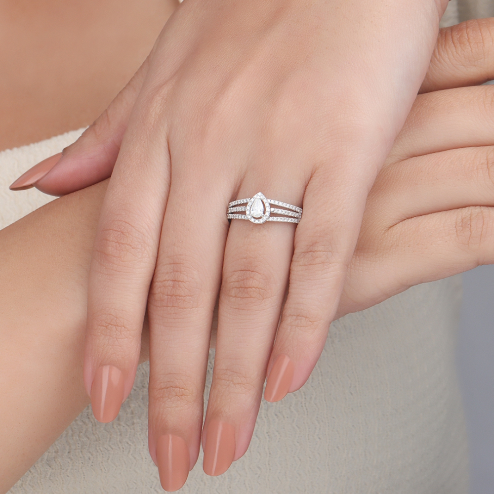 Prong Pear Three Row Lab Grown Diamond Halo Engagement Ring