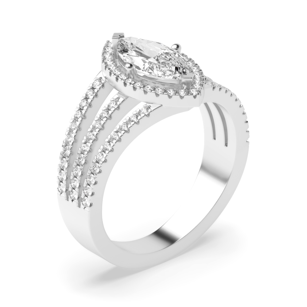 4 Prong Setting Marquise Shape 3 Row Shoulder Halo Diamond Engagement Rings
