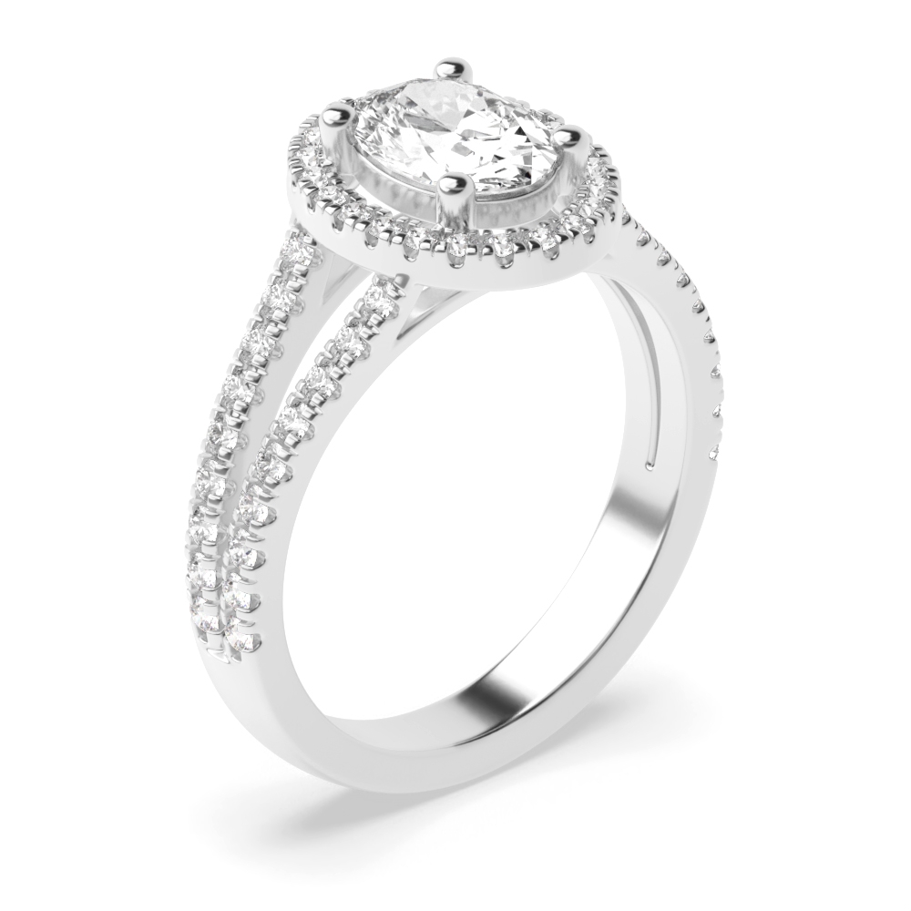 4 Prong Setting Oval Shape 2 Row Pave Set Shoulder Halo Lab Grown Diamond Engagement Rings