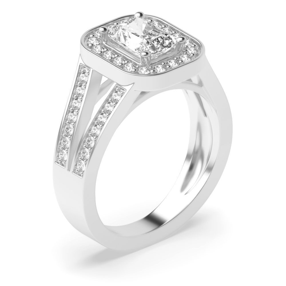 4 Prong Setting Radiant Shape 2 Row Pave Set Shoulder Halo Diamond Engagement Rings
