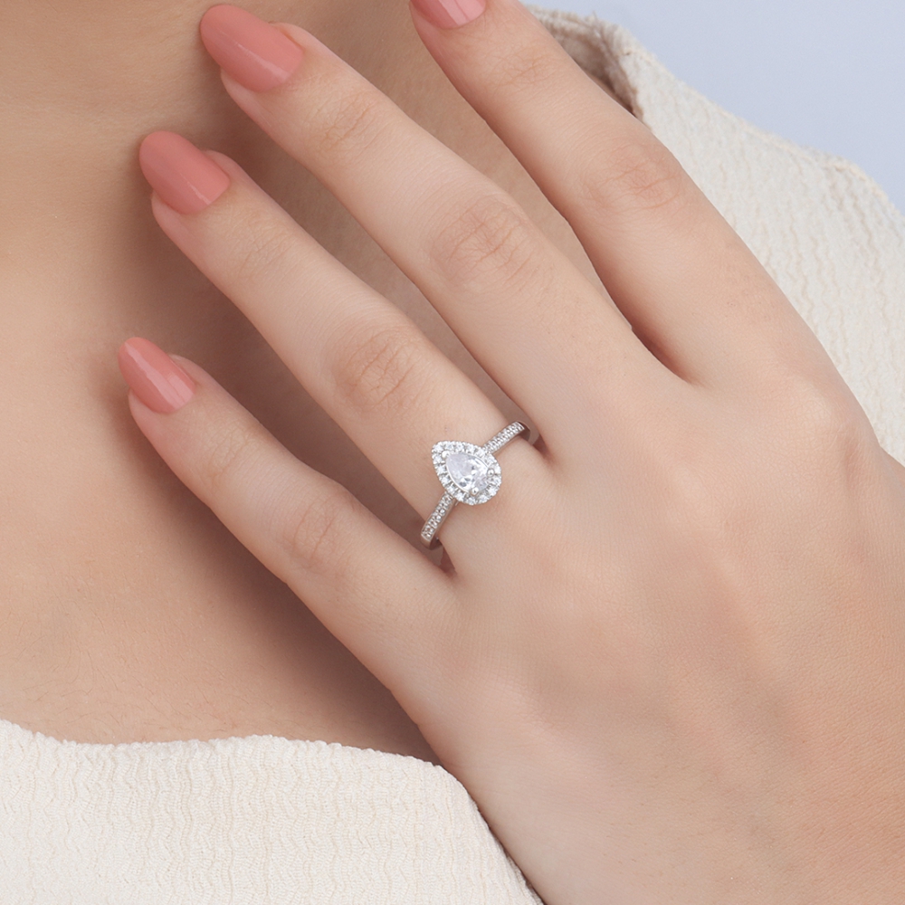 Prong Pear Shoulder Set Lab Grown Diamond Halo Engagement Ring
