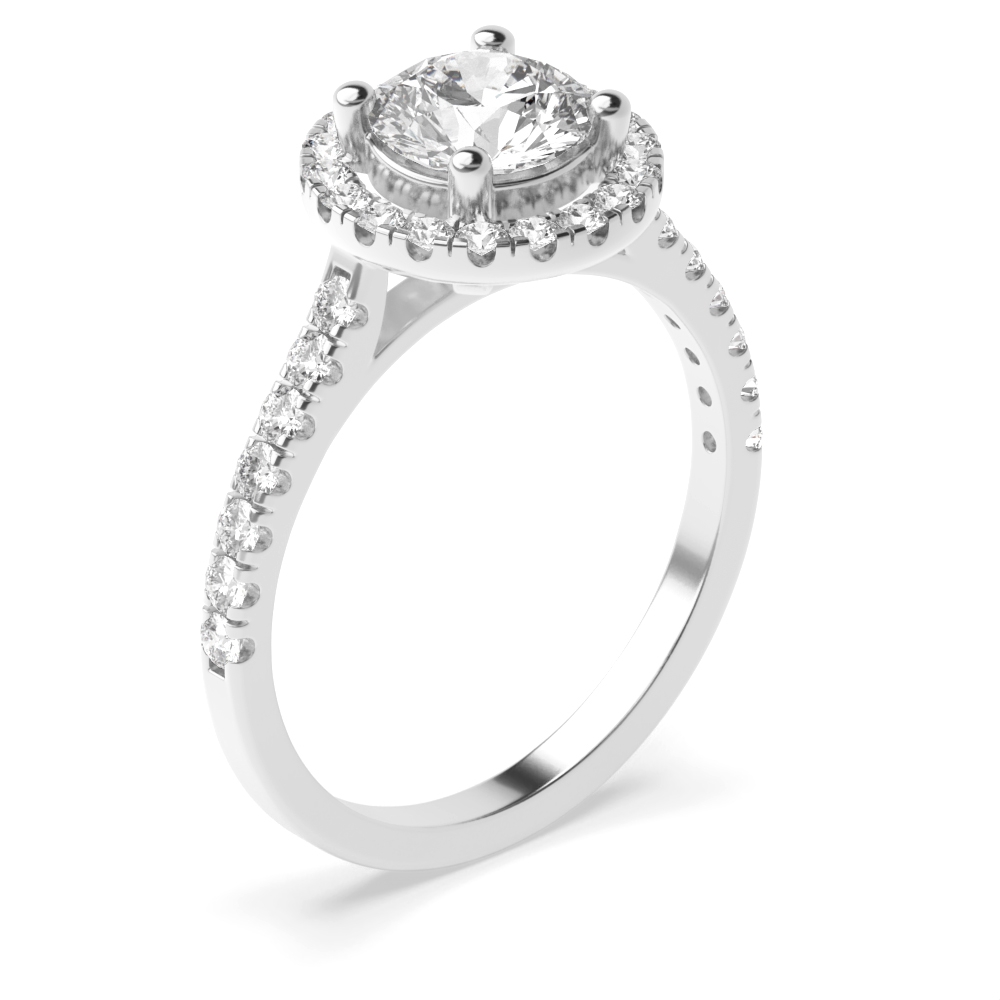 4 Prong Set Round Diamond Halo Engagement Ring With Side Stones