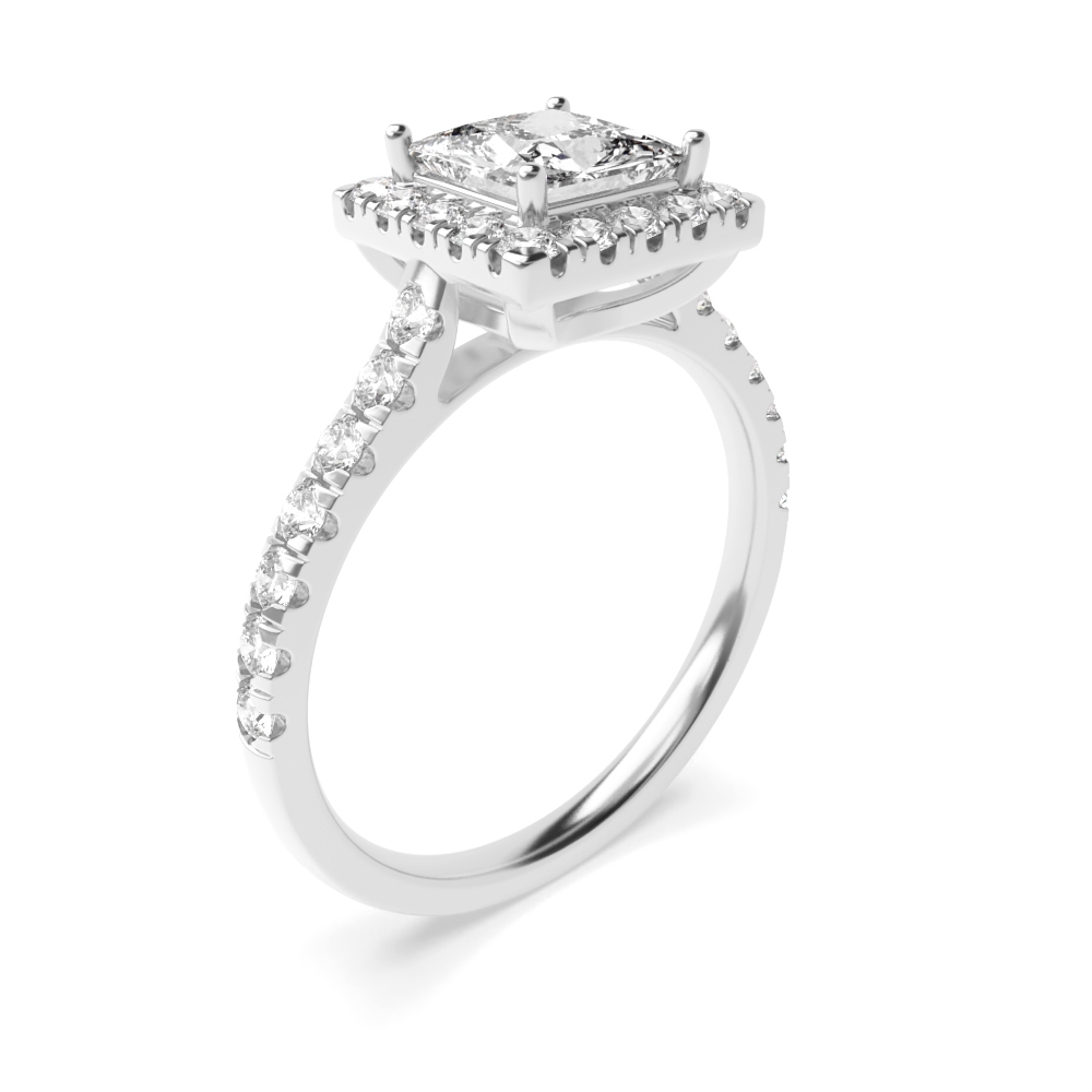 Prong Setting Side Stone Princess Diamond Halo Engagement Ring