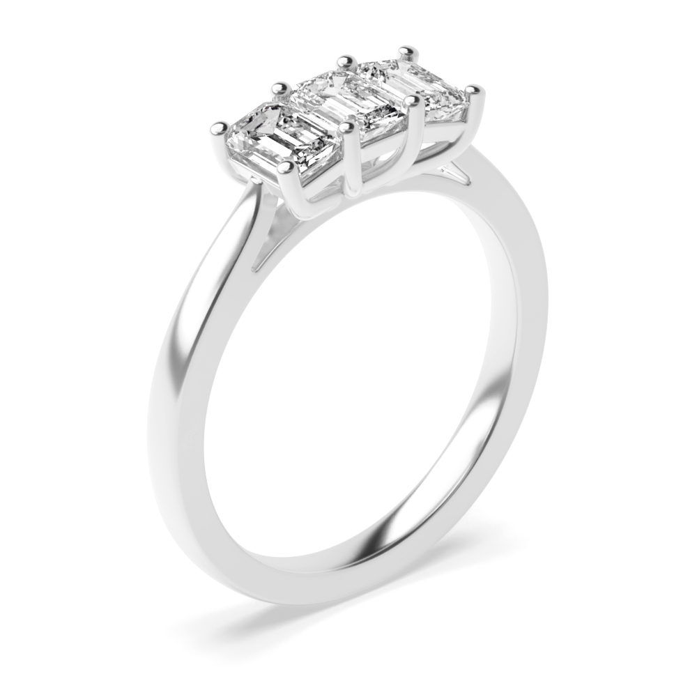 4 Prong Setting Emerald Trilogy Diamond Rings in White gold / Platinum