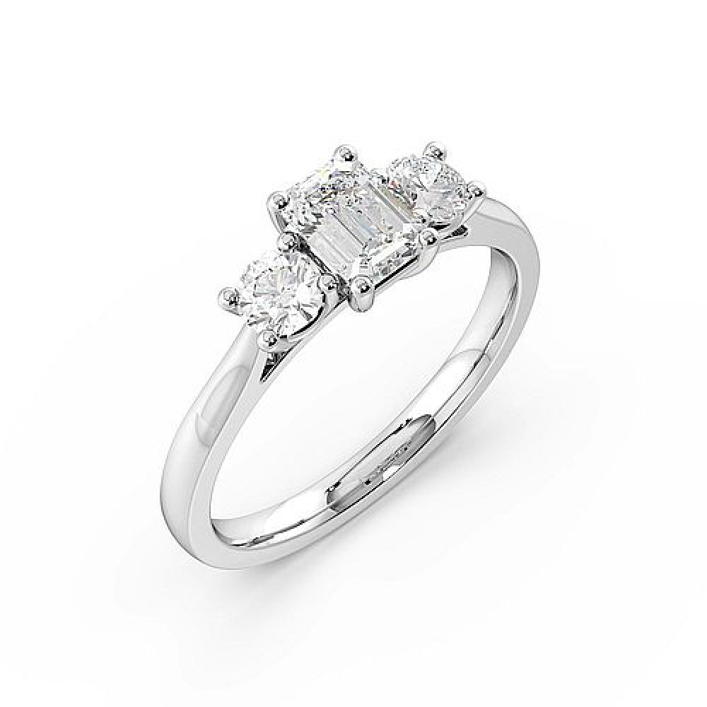 4 Prong Set Emerald Shape Trilogy Lab Grown Diamond Rings in White gold