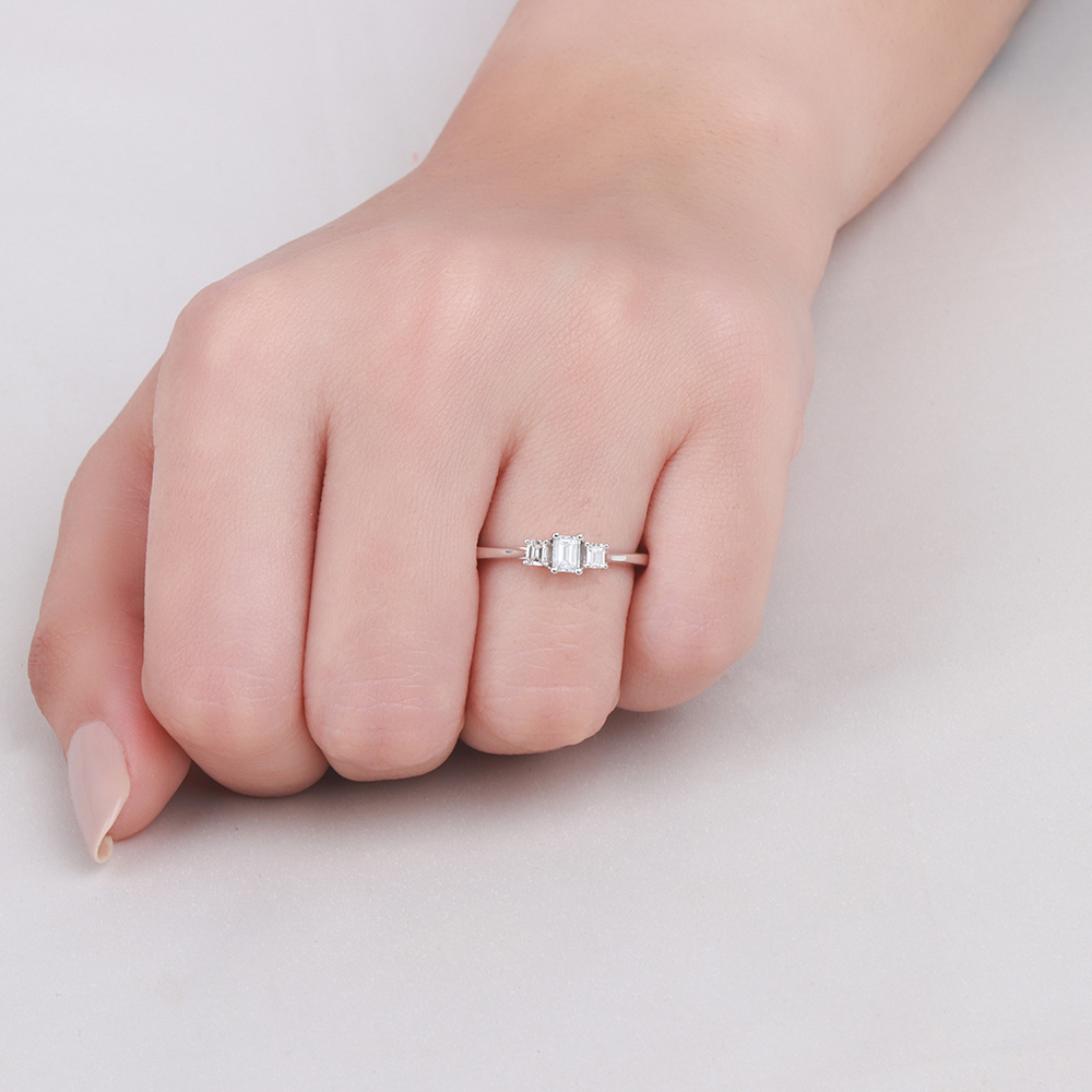 4 Prong Emerald Platinum Three Stone Engagement Ring