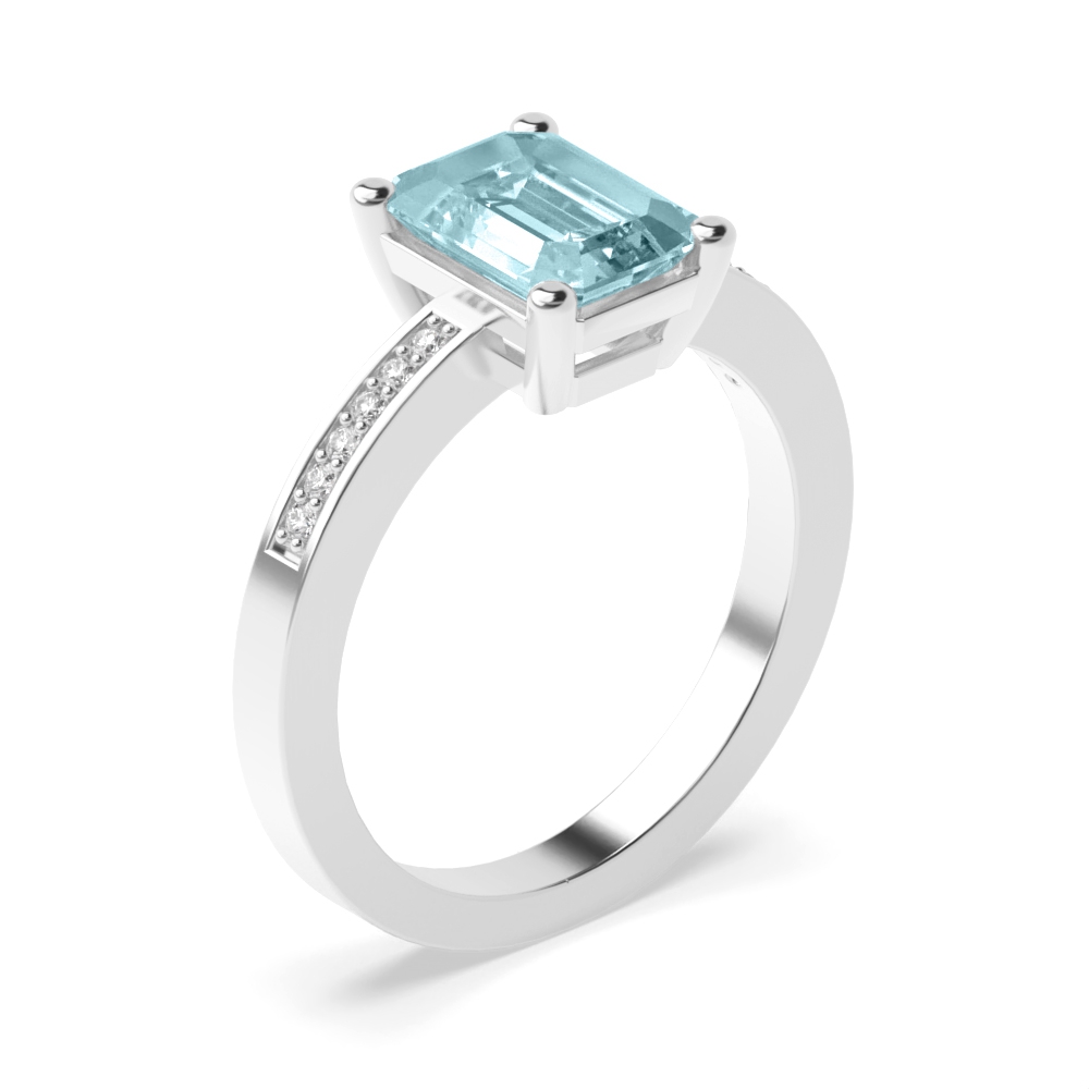 Gemstone Ring With 0.75ct Emerald Shape Aquamarine and Diamonds