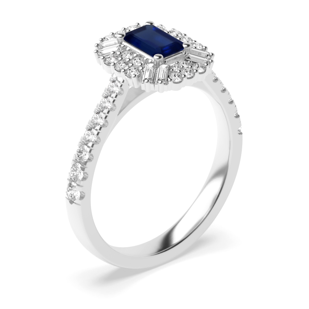 Gemstone Ring With 0.85ct Emerald Shape Blue Sapphire and Diamonds