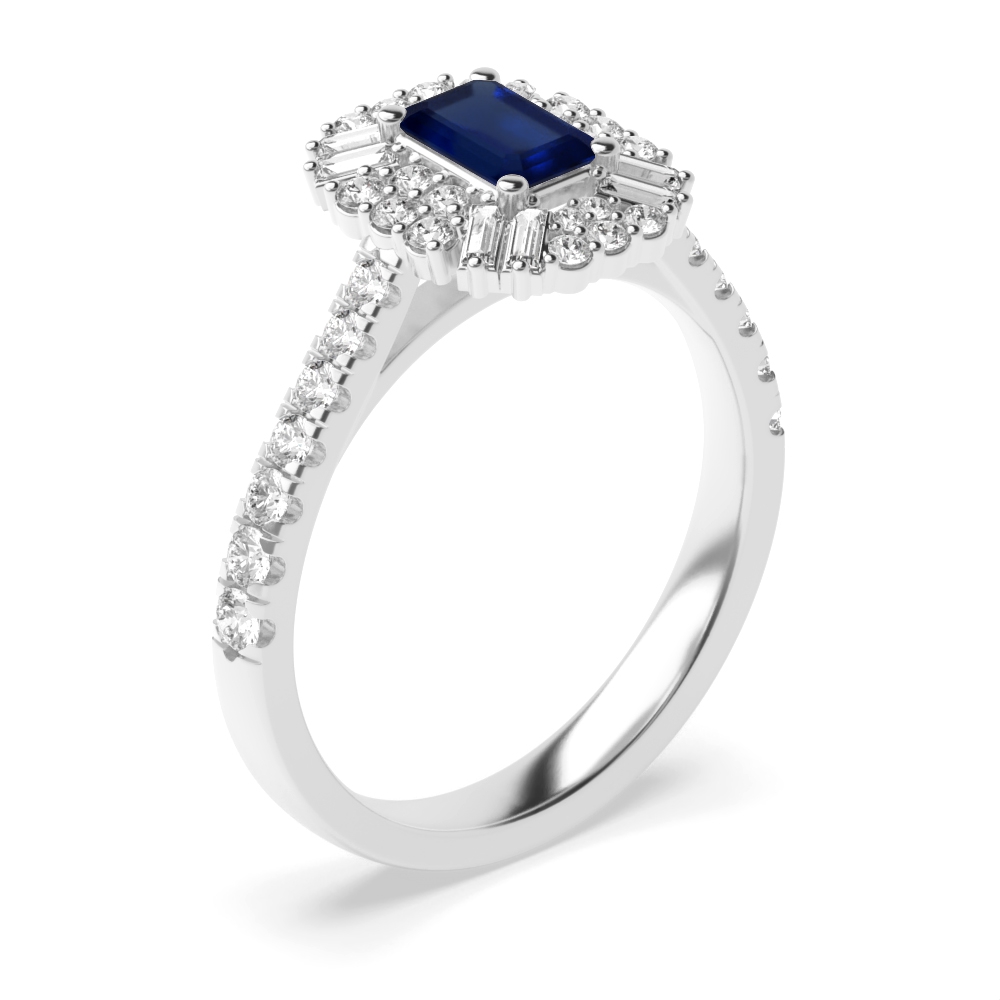 Gemstone Ring With 1.00ct Emerald Shape Blue Sapphire and Diamonds