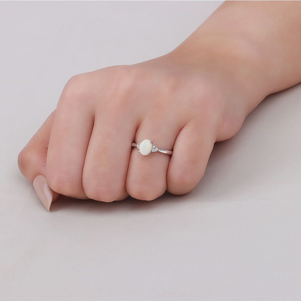 4 Prong Oval Sapphire Glint Opal Gemstone Diamond Ring