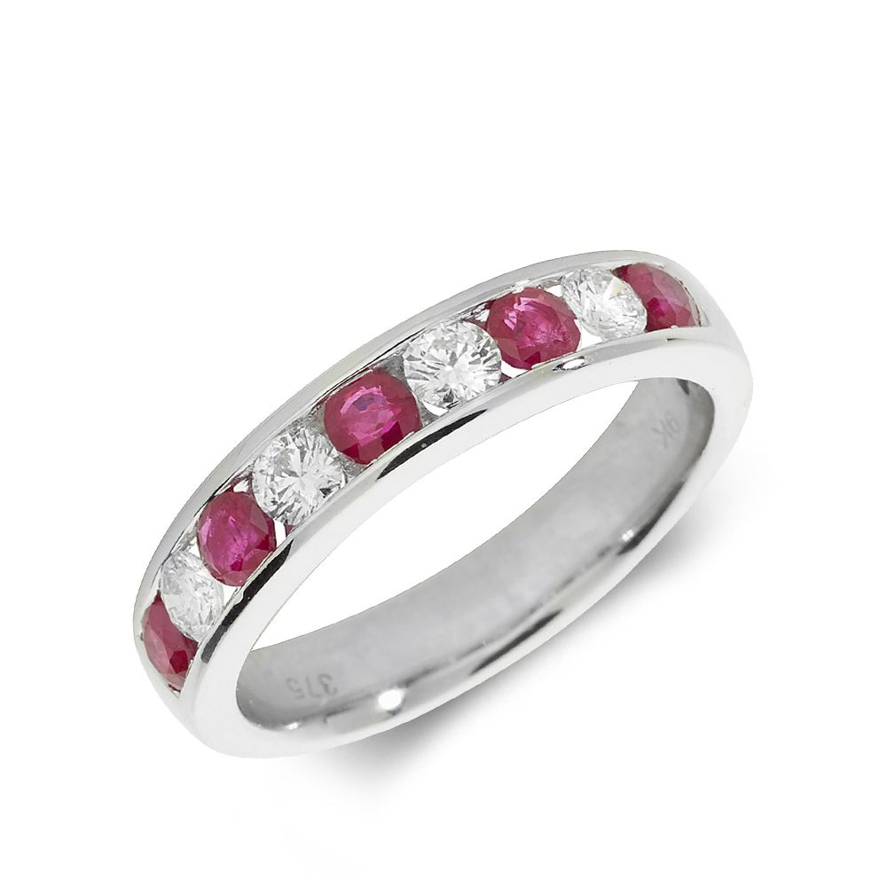 Buy 3.0Mm Half Eternity Diamond And Ruby Gemstone Ring - Abelini