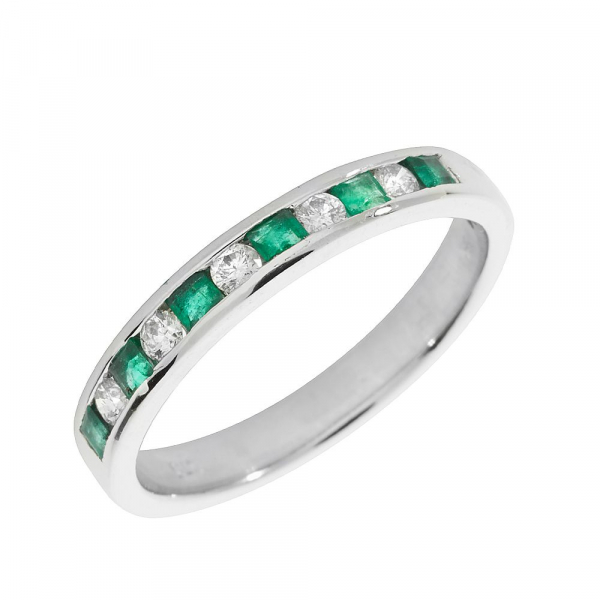 2.5mm Channel Set Half Eternity Diamond and emerald ring
