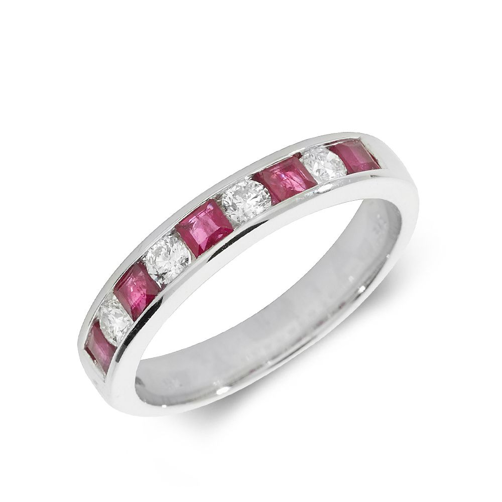 3.0Mm Channel Set Half Eternity Diamond And Ruby Gemstone Ring