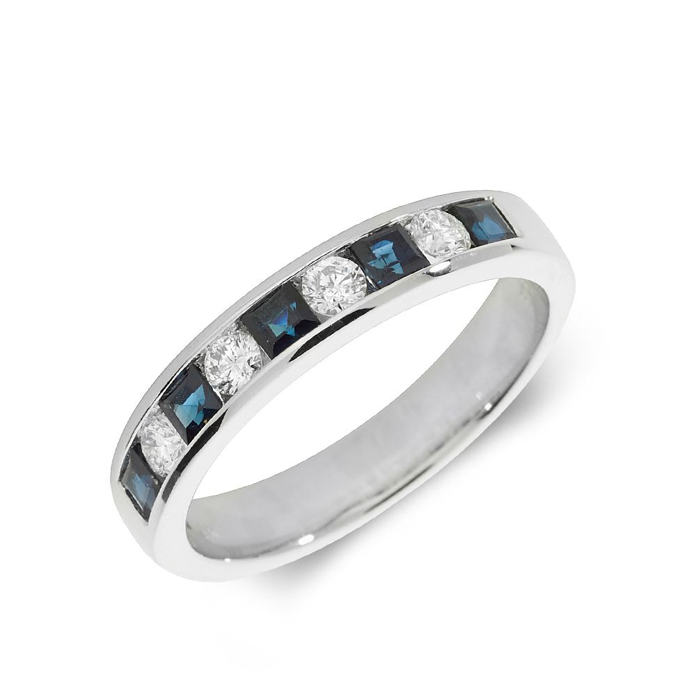 3.0Mm Channel Set Half Eternity Diamond And Sapphire Rings