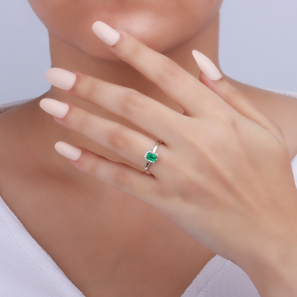 4 Prong Halo diamond and Emerald Gemstone Engagement Rings