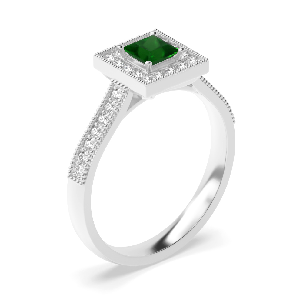 Gemstone Ring With 0.4ct Princess Shape Emerald and Diamonds