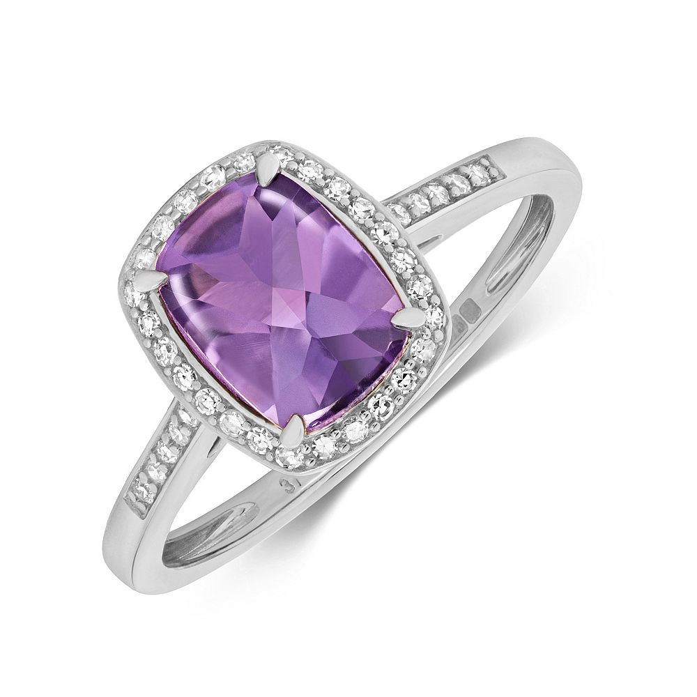 Gemstone Ring With 8X6mm Cushion Shape Amethyst and Diamonds