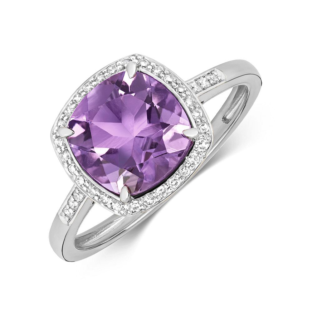 Gemstone Ring With 8X8mm Cushion Shape Amethyst and Diamonds