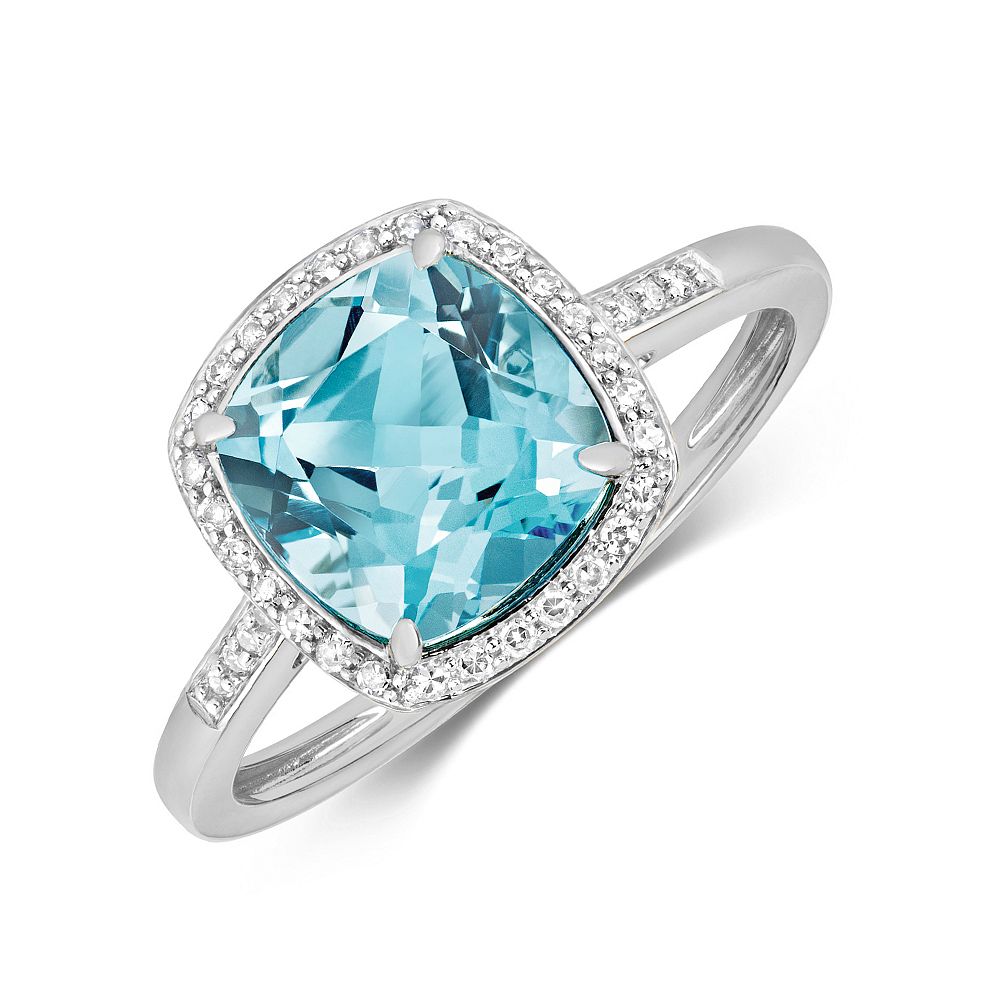 Gemstone Ring With 8X8mm Cushion Shape Blue Topaz and Diamonds
