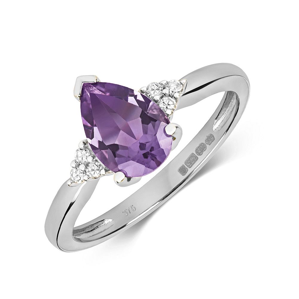 Gemstone Ring With 9X6mm Pear Shape Amethyst and Diamonds