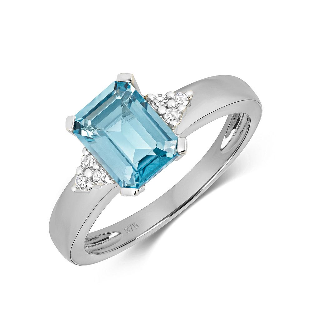 Gemstone Ring With 9X6mm Emerald Shape Blue Topaz and Diamonds