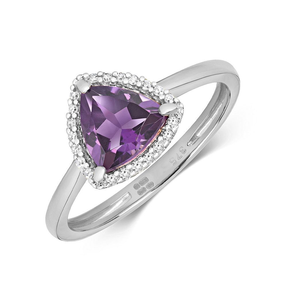 Gemstone Ring With 7X7mm Trillion Shape Amethyst and Diamonds