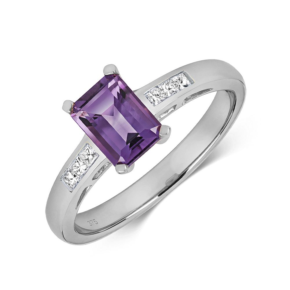 Gemstone Ring With 7X5mm Emerald Shape Amethyst and Diamonds