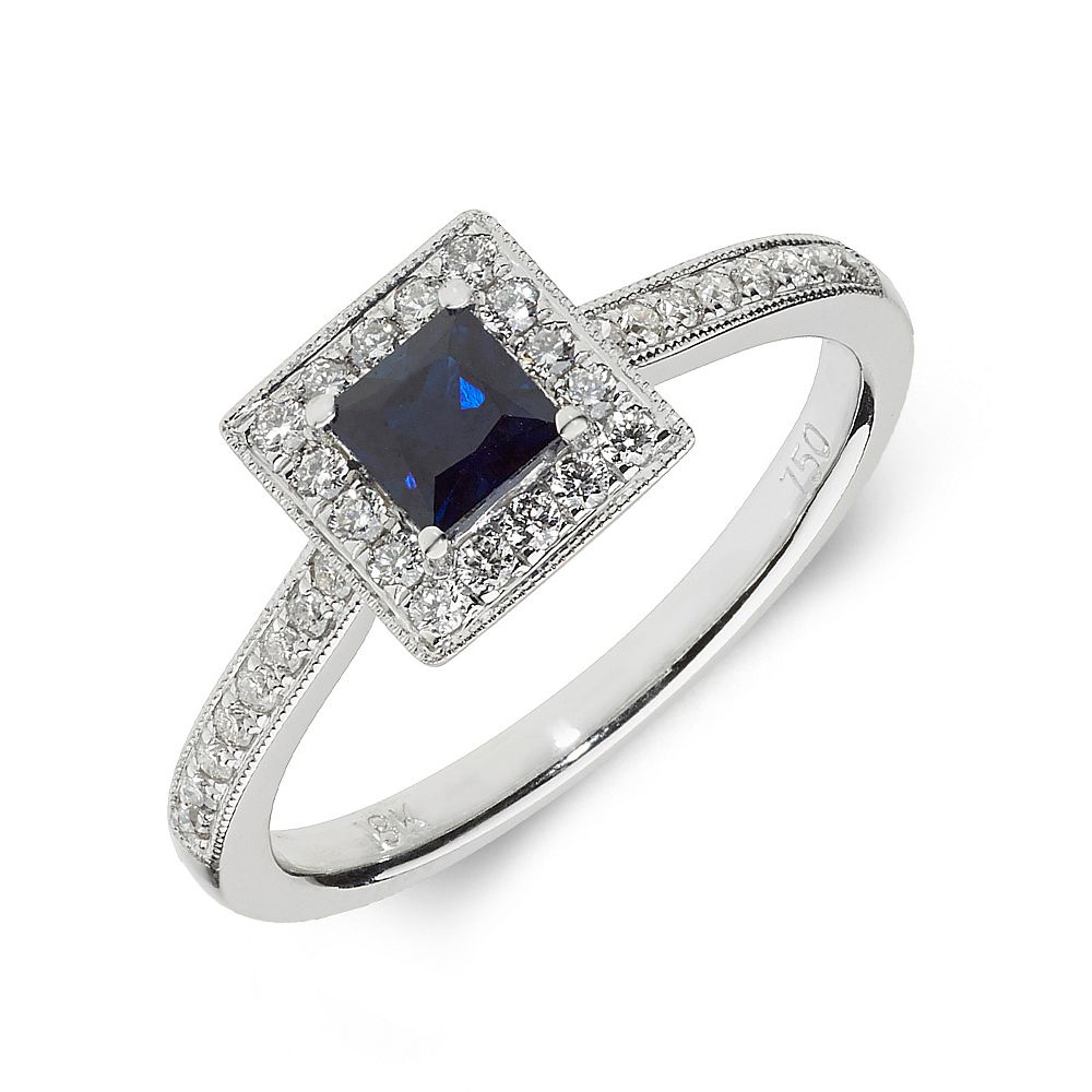 Gemstone Ring With 0.5ct Princess Shape Blue Sapphire and Diamonds