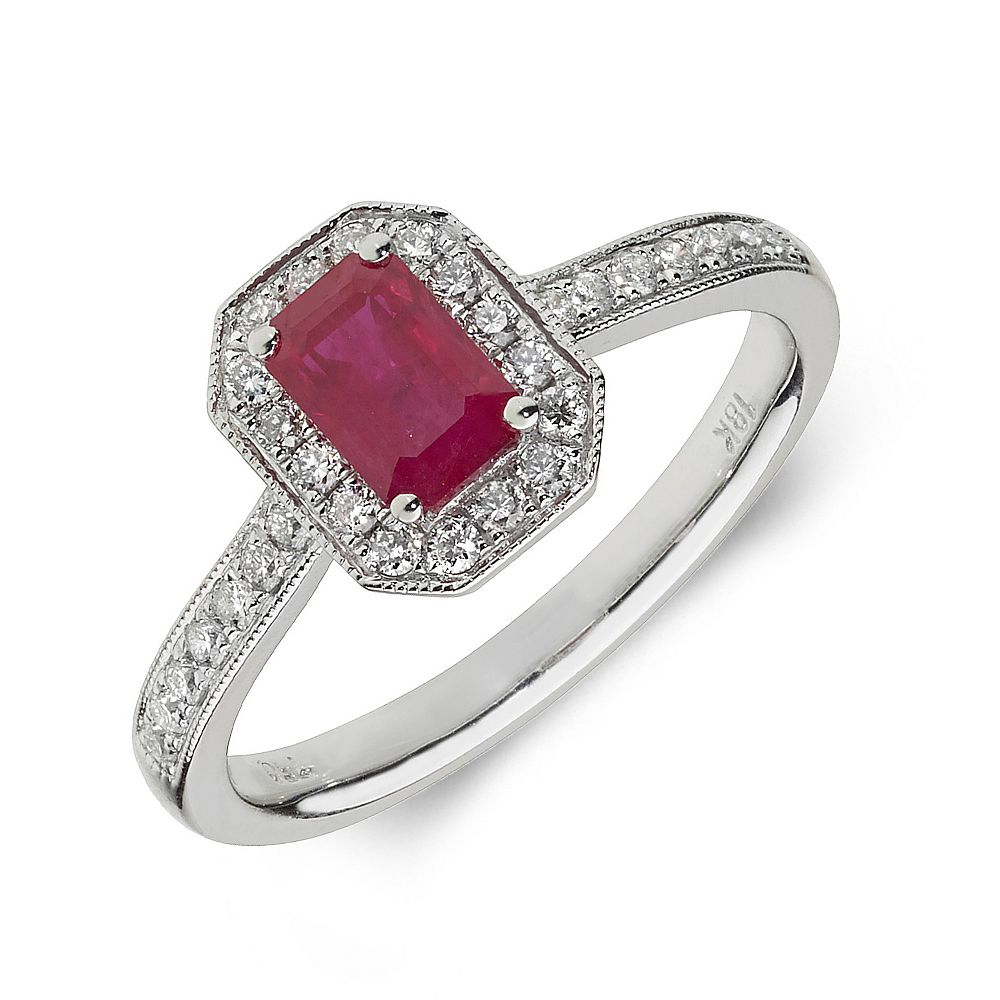 Gemstone Ring With 0.75ct Emerald Shape Ruby and Diamonds