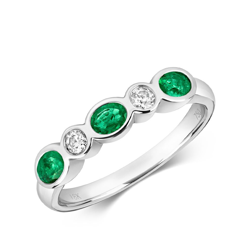 Bezel Set Five Lab Grown Diamond and emerald ring