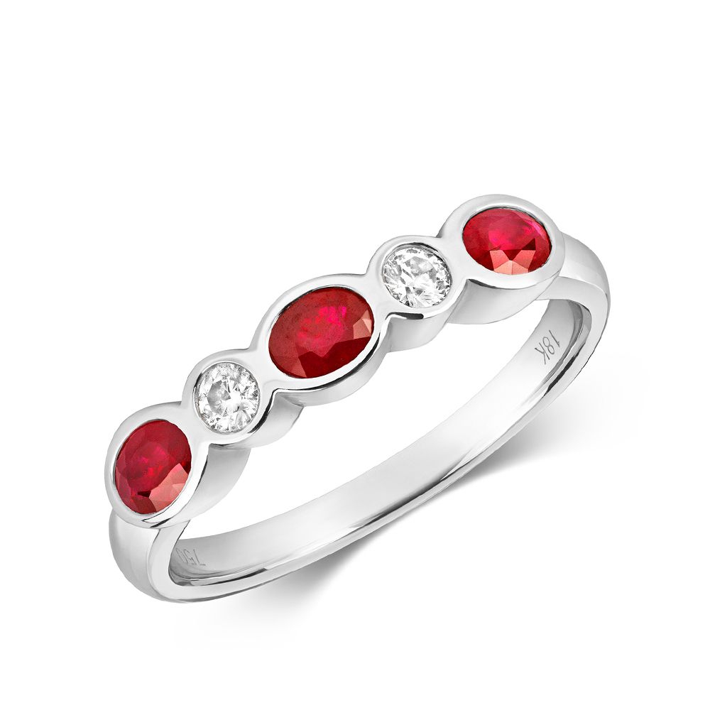 Bezel Set Five Diamond and ruby Gemstone Ring