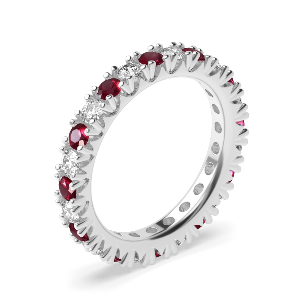 Diamond Cut Prongs Set Full Eternity Diamond and Ruby Gemstone Rings (Available in 2.5mm to 3.5mm)