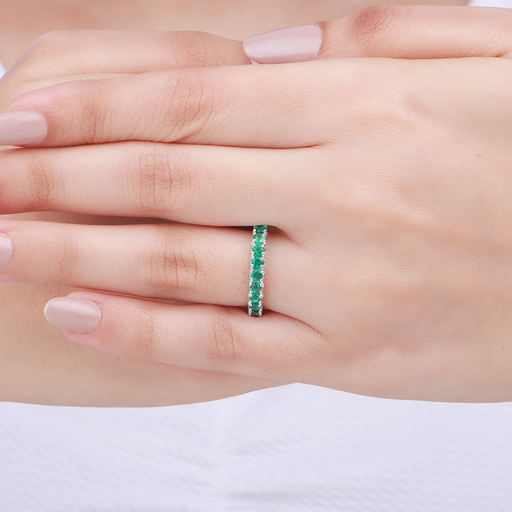 4 Prong Round Fishtail Emerald Full Eternity Wedding Band