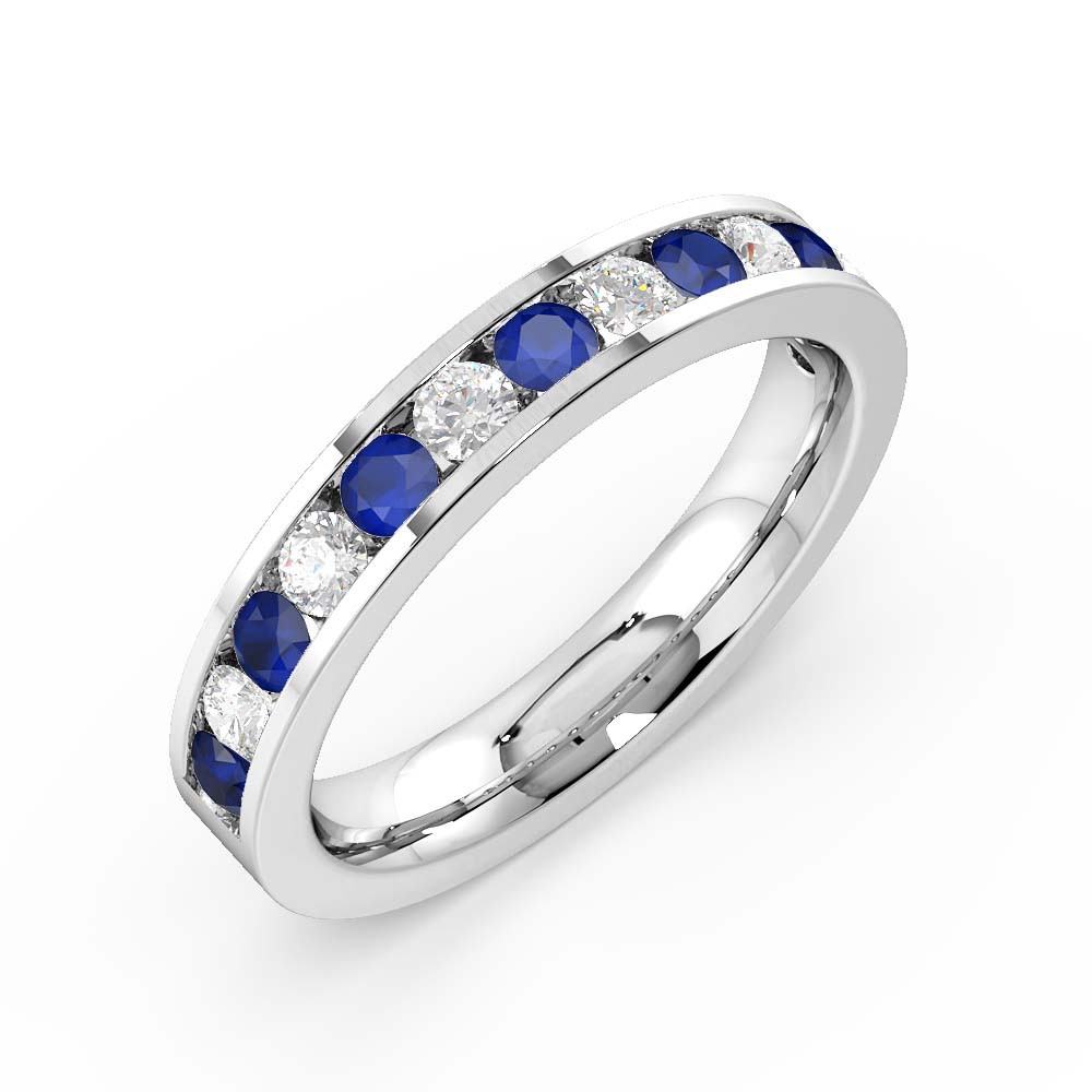 Channel Setting Round Half Eternity Blue Sapphire and Diamond Ring