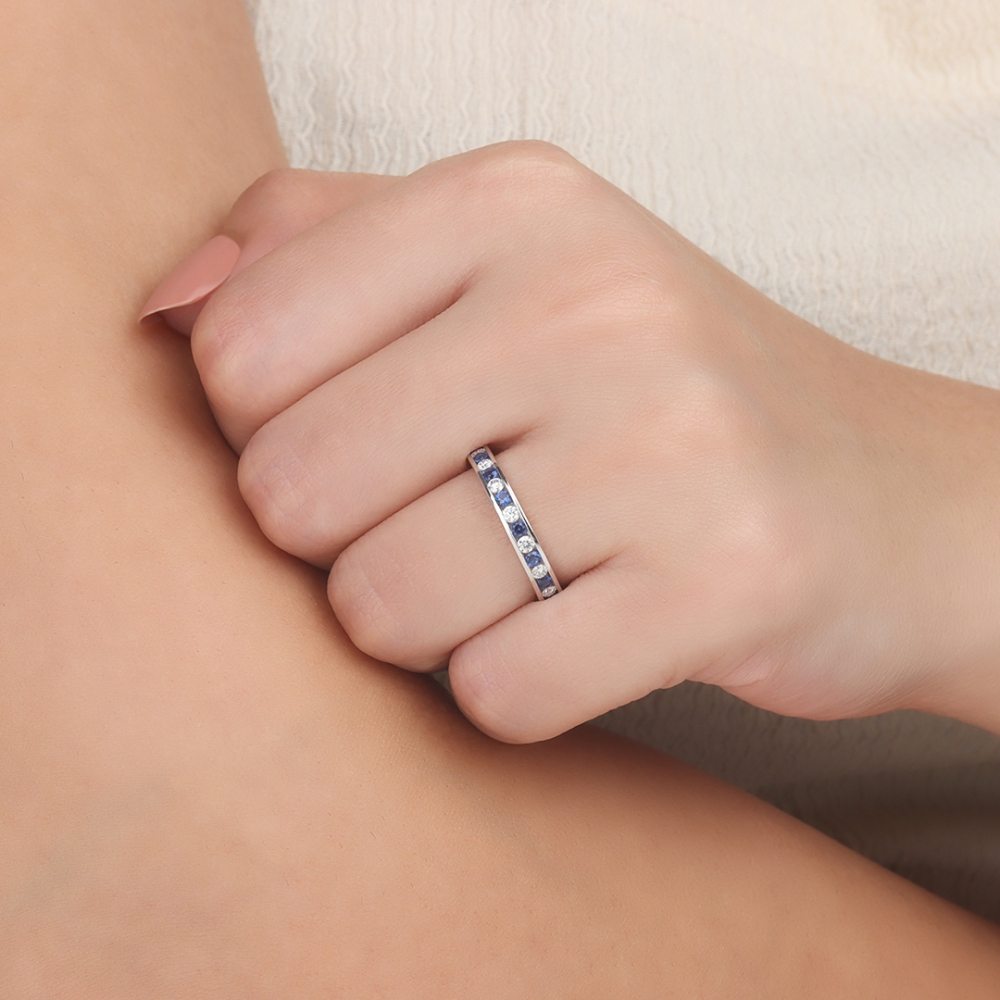 Channel Setting Round Blue Sapphire Half Eternity Diamond Ring