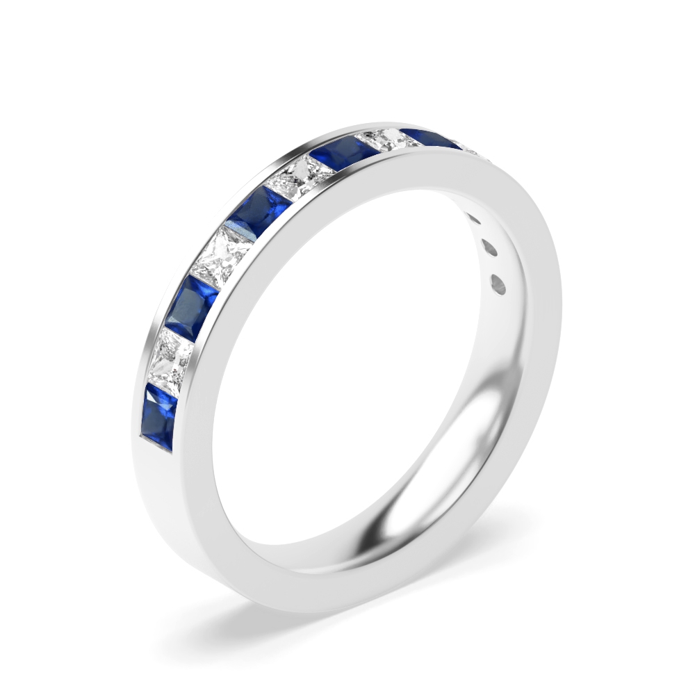Channel Setting Princess Half Eternity Blue Sapphire Diamond Ring