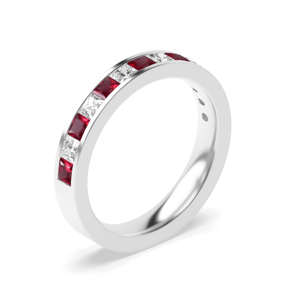 Channel Setting Princess Half Eternity Ruby And Diamond Ring
