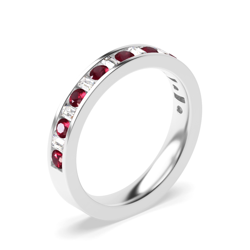 Channel Setting Round & Baguette Half Eternity Lab Grown Diamond and Ruby Gemstone Rings (Available in 2.5mm to 3.5mm)