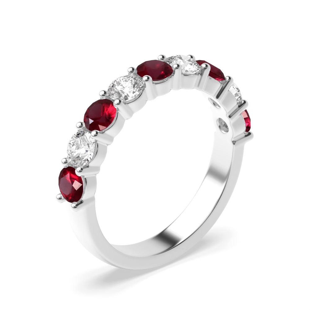 Prong Setting Round Half Eternity Diamond and Ruby Ring