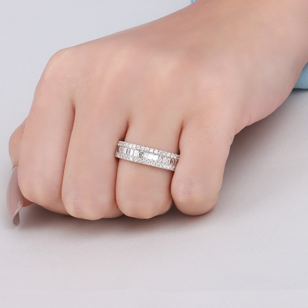 4 Prong Round/Baguette Silver Half Eternity Diamond Ring