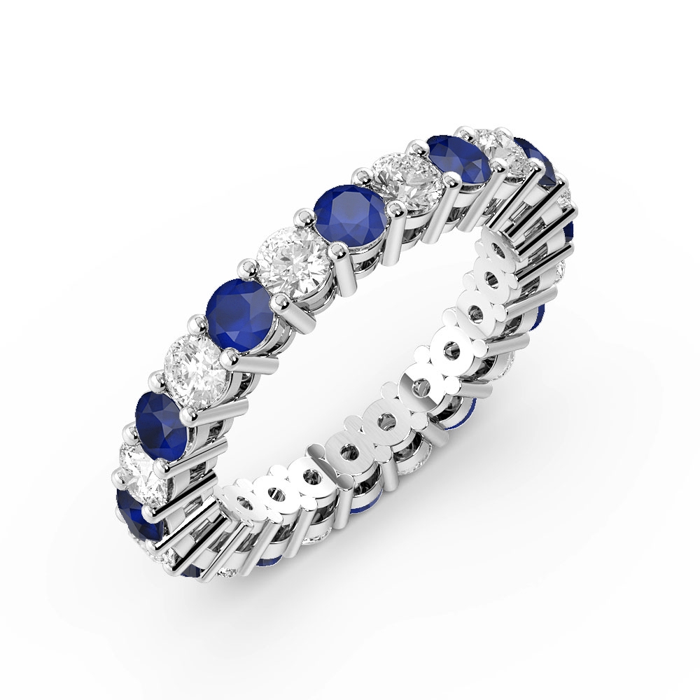 4 Prong Round Shape Classic Full Diamond and Blue Sapphire Eternity Ring (2.00mm - 3.00mm)