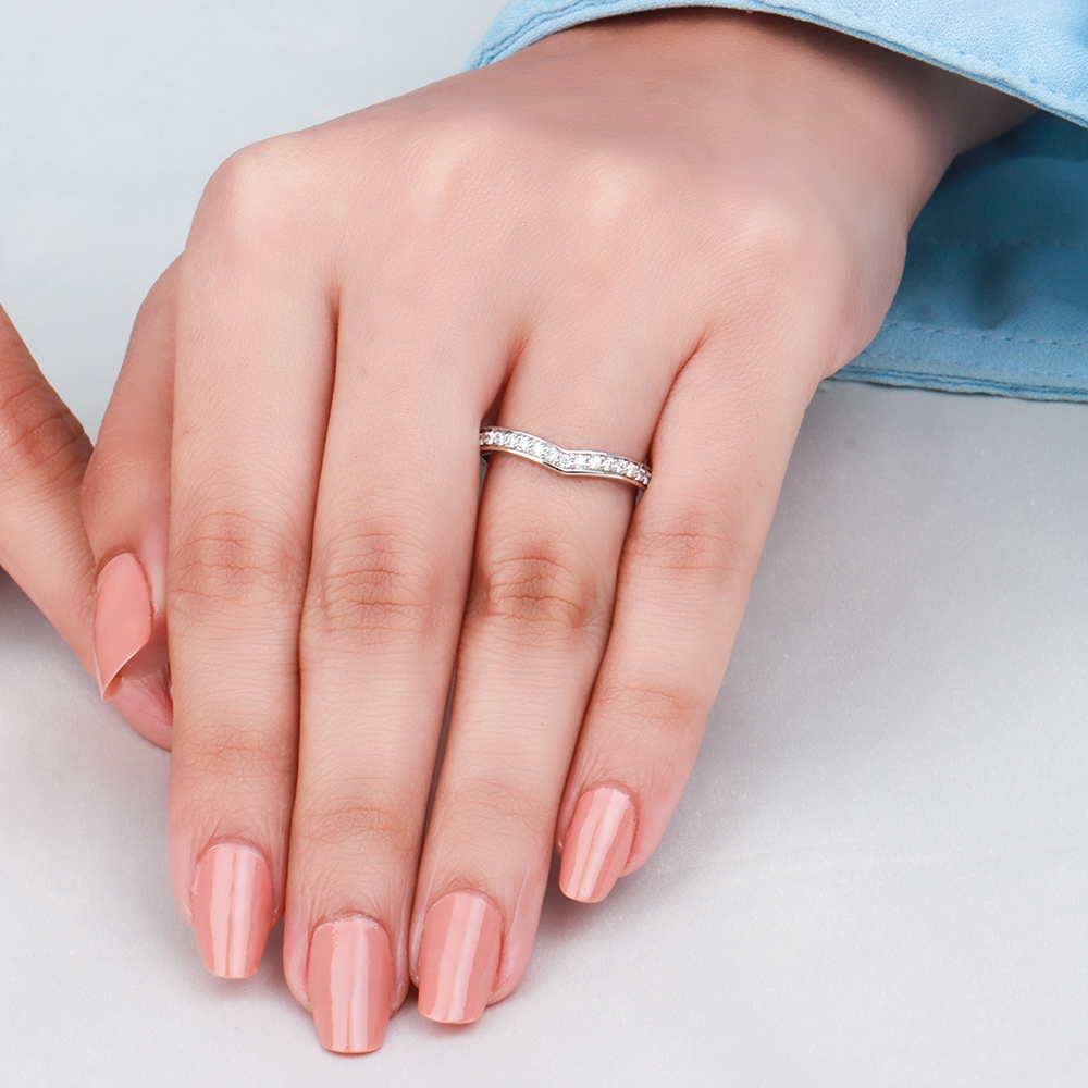 Pave Setting Round V Shaped Wishbone Lab Grown Half Eternity Diamond Ring