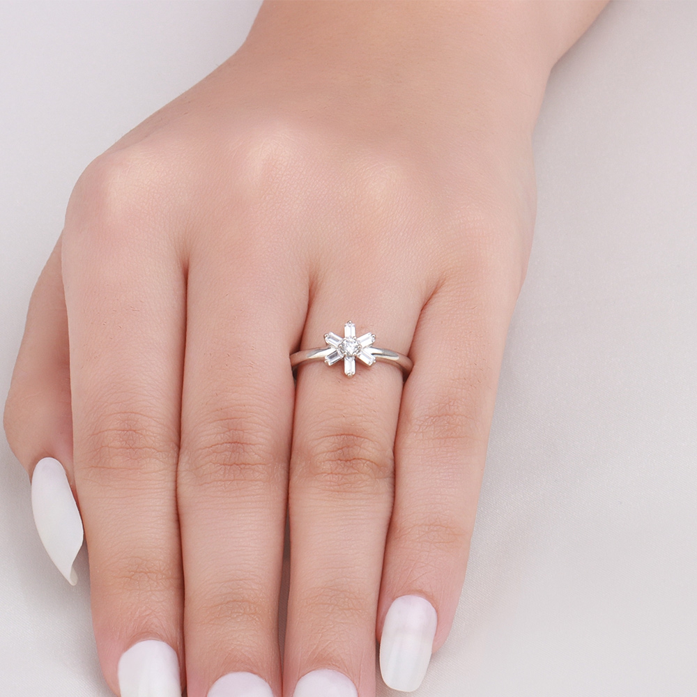 4 Prong Baguette Flower Minimalist Cluster Engagement Ring